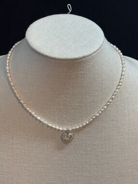 Vintage Napier Faux Pearl Necklace Heart Rhinestone Pendant 16“ $48